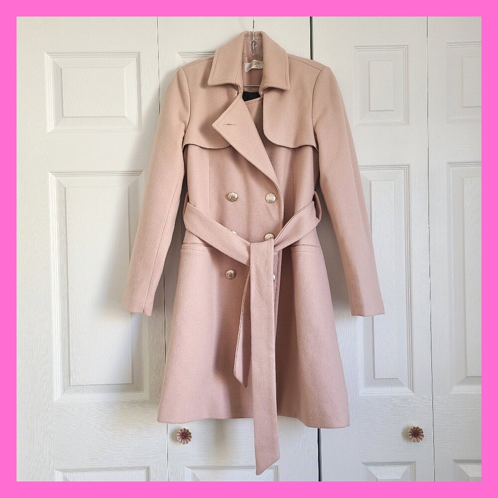 European Classic Winter Coat 70% Wool Button Down Collar Elegant Beige Ivory - S